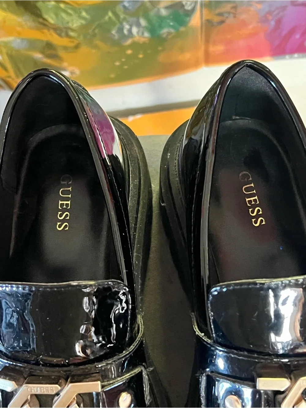 Guess Black Patent Leather Chunky Loafers with Gold Hardware